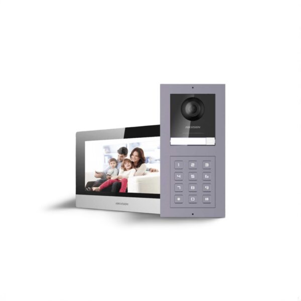 קיט אינטרקום IP מתקדם מבית Hikvision – דגם DS-KIS8003-ACF2, כולל מסך 7 אינץ', מצלמה ולחצן פעמון – התקנה מעל הטיח-אינטרקום-נינגה תקשורת והנדסה בע"מ